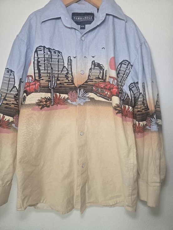 Panhandle Other - Panhandle Desert Scene Pearl Snap Button-Up. Cream & Light Blue Boys Sz M-10